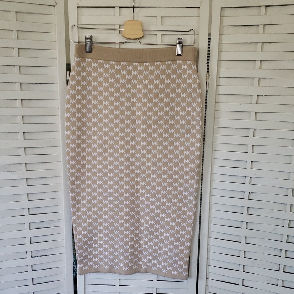 Michael Kors MK Printed  Beige and White Stretch Midi Skirt Size S